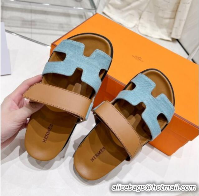 Durable Hermes Chypre Sandals in Blue Denim and Brown Calfskin 217056