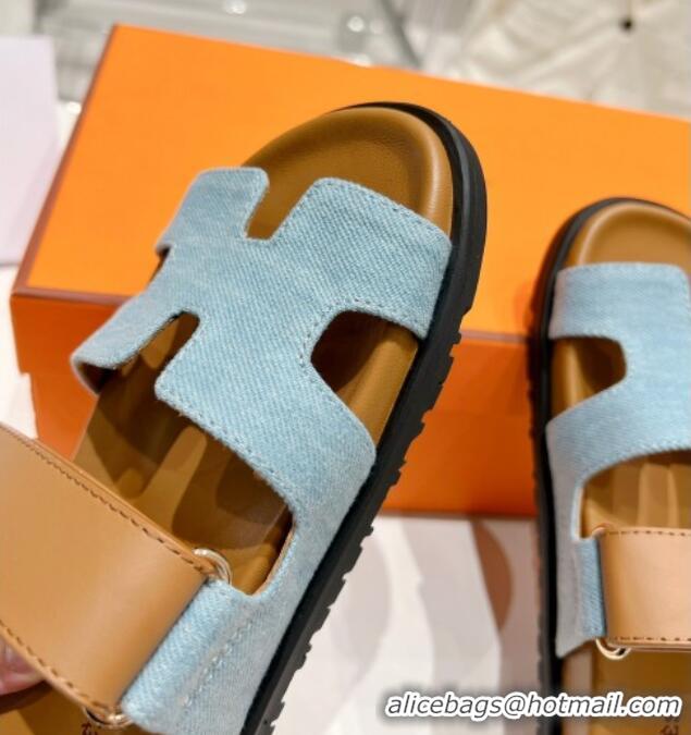 Durable Hermes Chypre Sandals in Blue Denim and Brown Calfskin 217056