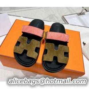 Low Cost Hermes Chypre Sandals in Suede Pink/Khaki 0217053