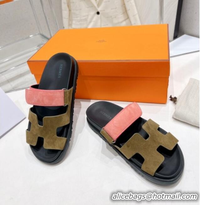 Low Cost Hermes Chypre Sandals in Suede Pink/Khaki 0217053