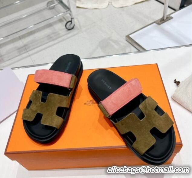 Low Cost Hermes Chypre Sandals in Suede Pink/Khaki 0217053