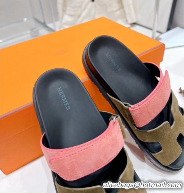 Low Cost Hermes Chypre Sandals in Suede Pink/Khaki 0217053