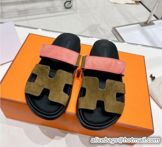 Low Cost Hermes Chypre Sandals in Suede Pink/Khaki 0217053