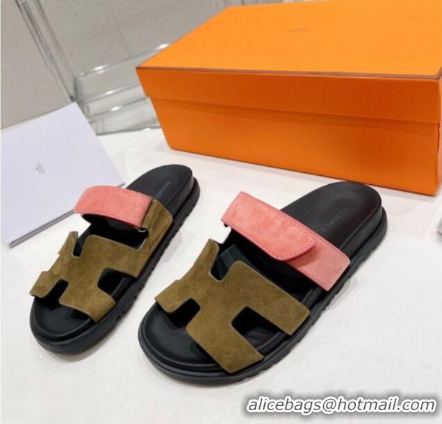 Low Cost Hermes Chypre Sandals in Suede Pink/Khaki 0217053