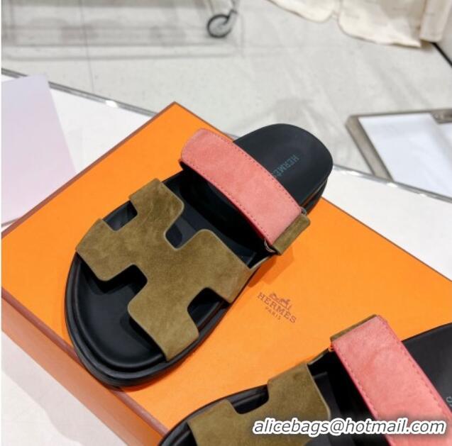 Low Cost Hermes Chypre Sandals in Suede Pink/Khaki 0217053