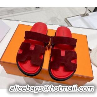 Duplicate Hermes Chypre Sandals in Suede Deep Red 217052