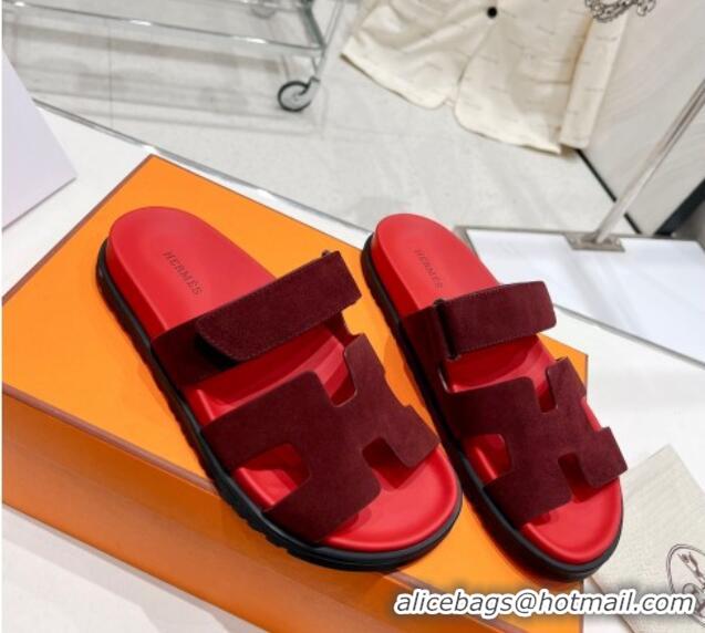 Duplicate Hermes Chypre Sandals in Suede Deep Red 217052