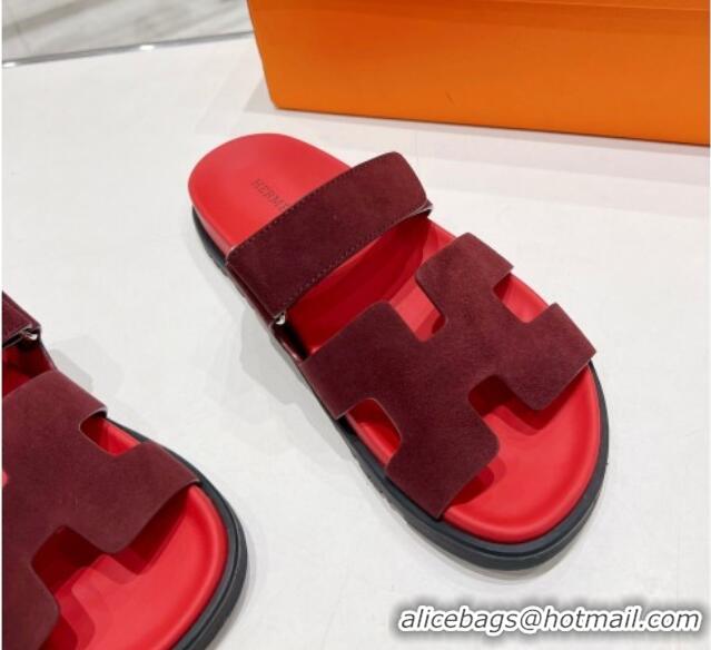 Duplicate Hermes Chypre Sandals in Suede Deep Red 217052