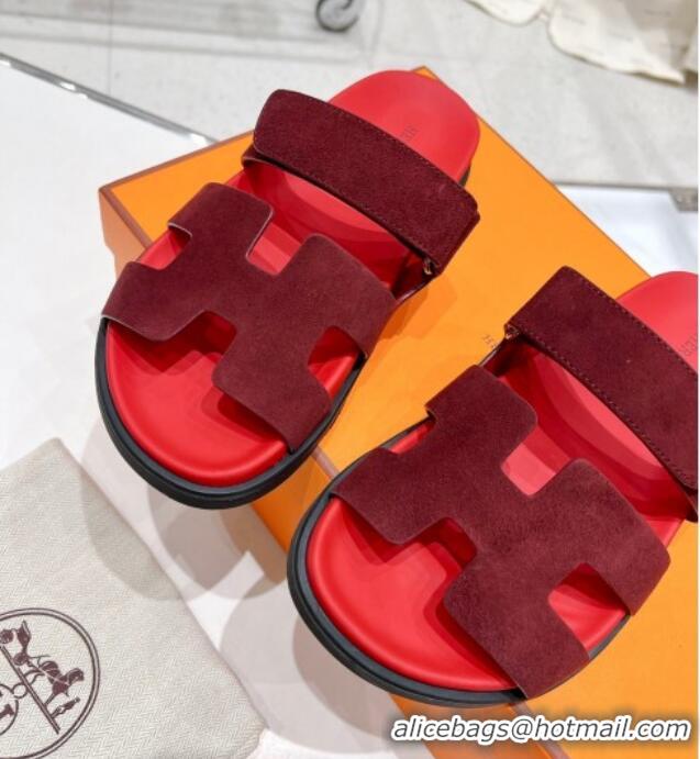 Duplicate Hermes Chypre Sandals in Suede Deep Red 217052