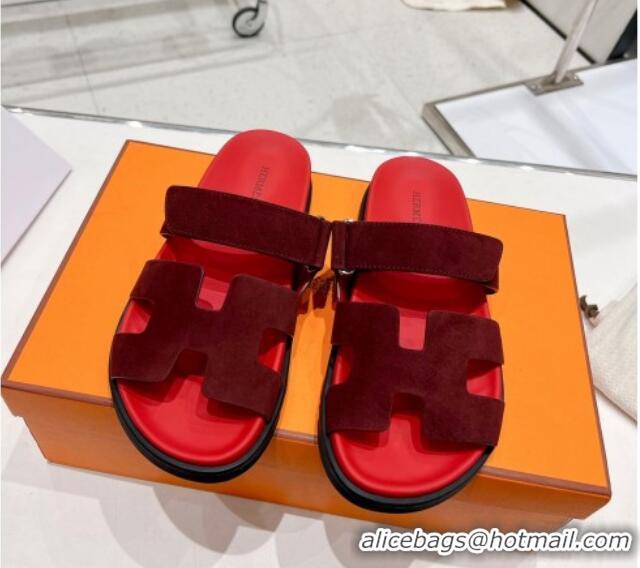 Duplicate Hermes Chypre Sandals in Suede Deep Red 217052