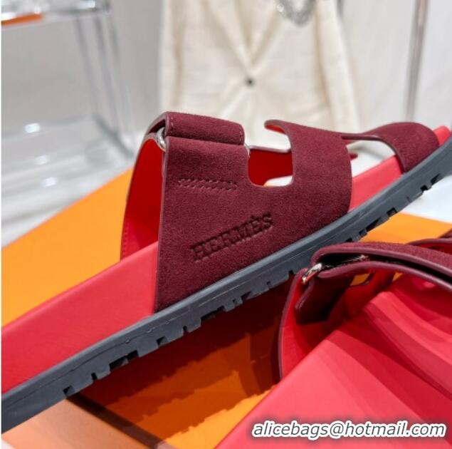 Duplicate Hermes Chypre Sandals in Suede Deep Red 217052