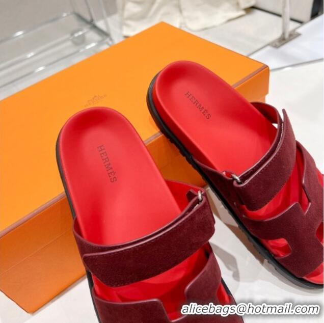 Duplicate Hermes Chypre Sandals in Suede Deep Red 217052