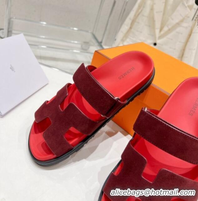 Duplicate Hermes Chypre Sandals in Suede Deep Red 217052