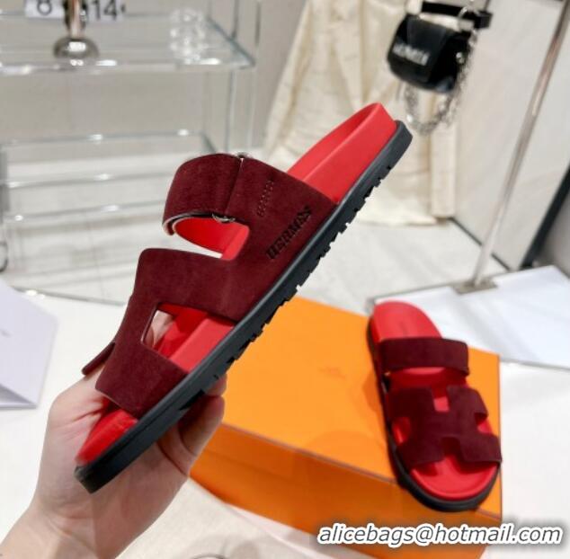 Duplicate Hermes Chypre Sandals in Suede Deep Red 217052