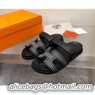 Grade Quality Hermes Chypre Calfskin Flat Sandals with Studs Black 223100