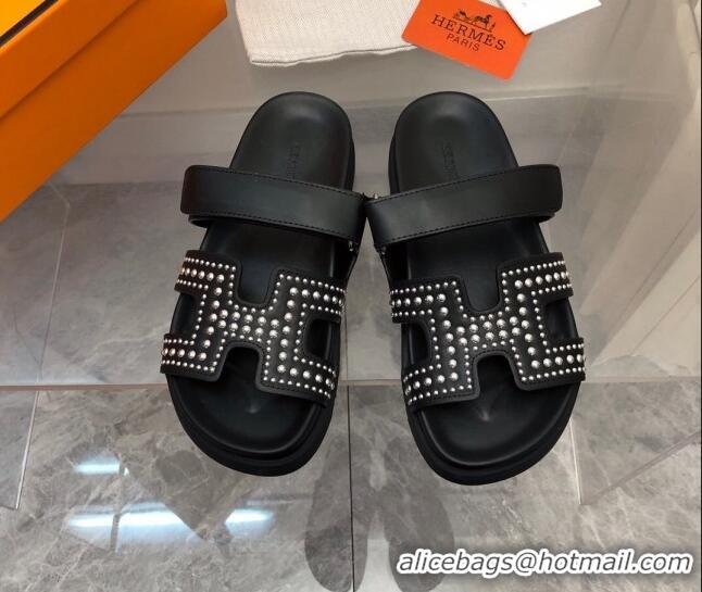 Grade Quality Hermes Chypre Calfskin Flat Sandals with Studs Black 223100