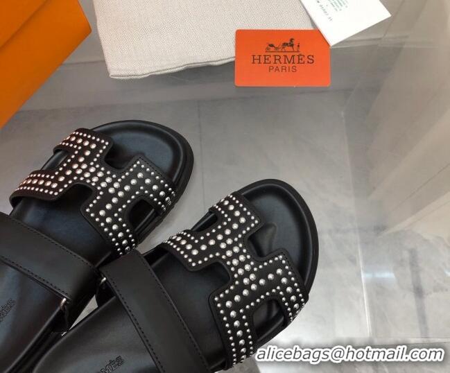 Grade Quality Hermes Chypre Calfskin Flat Sandals with Studs Black 223100