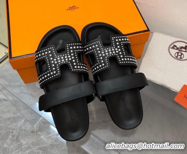 Grade Quality Hermes Chypre Calfskin Flat Sandals with Studs Black 223100