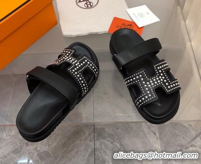 Grade Quality Hermes Chypre Calfskin Flat Sandals with Studs Black 223100