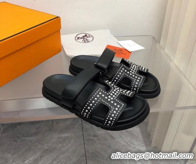 Grade Quality Hermes Chypre Calfskin Flat Sandals with Studs Black 223100