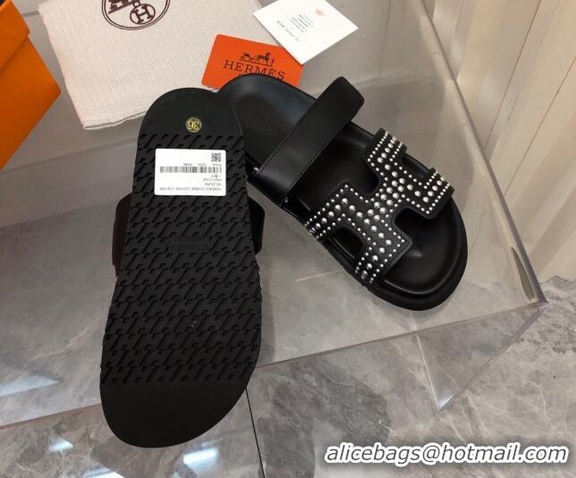 Grade Quality Hermes Chypre Calfskin Flat Sandals with Studs Black 223100