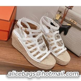 Best Grade Hermes Camelia Leather Wedge Sandals 8.5cm White 022372