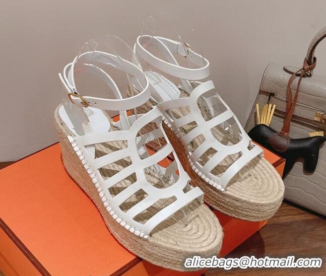 Best Grade Hermes Camelia Leather Wedge Sandals 8.5cm White 022372