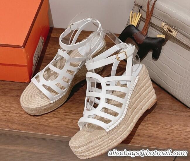 Best Grade Hermes Camelia Leather Wedge Sandals 8.5cm White 022372