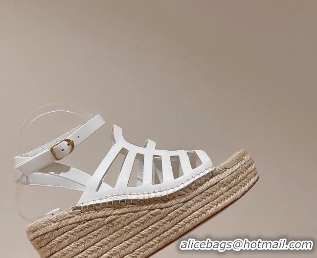 Best Grade Hermes Camelia Leather Wedge Sandals 8.5cm White 022372