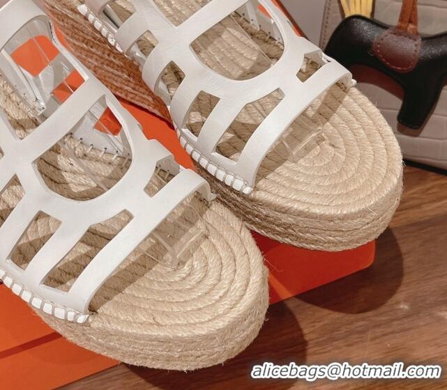 Best Grade Hermes Camelia Leather Wedge Sandals 8.5cm White 022372