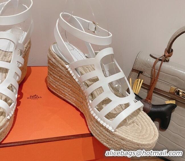 Best Grade Hermes Camelia Leather Wedge Sandals 8.5cm White 022372