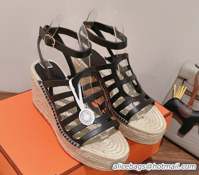 Luxury Hermes Camelia Leather Wedge Sandals 8.5cm Black 022373