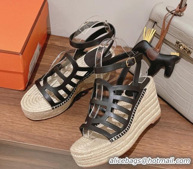 Luxury Hermes Camelia Leather Wedge Sandals 8.5cm Black 022373