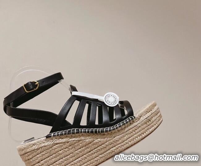 Luxury Hermes Camelia Leather Wedge Sandals 8.5cm Black 022373