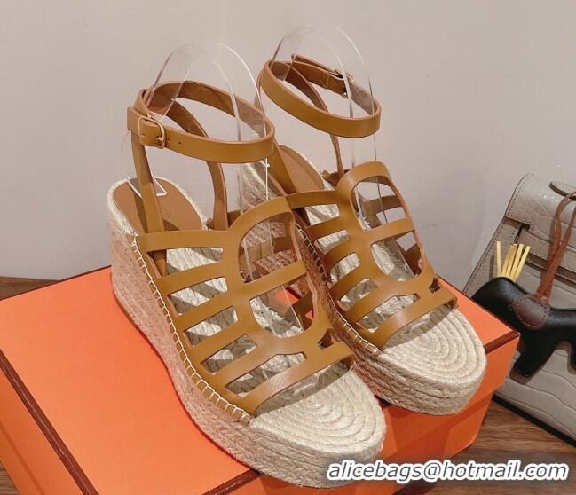 Best Price Hermes Camelia Leather Wedge Sandals 8.5cm Brown 022374