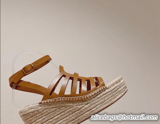 Best Price Hermes Camelia Leather Wedge Sandals 8.5cm Brown 022374