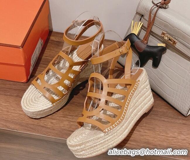 Best Price Hermes Camelia Leather Wedge Sandals 8.5cm Brown 022374