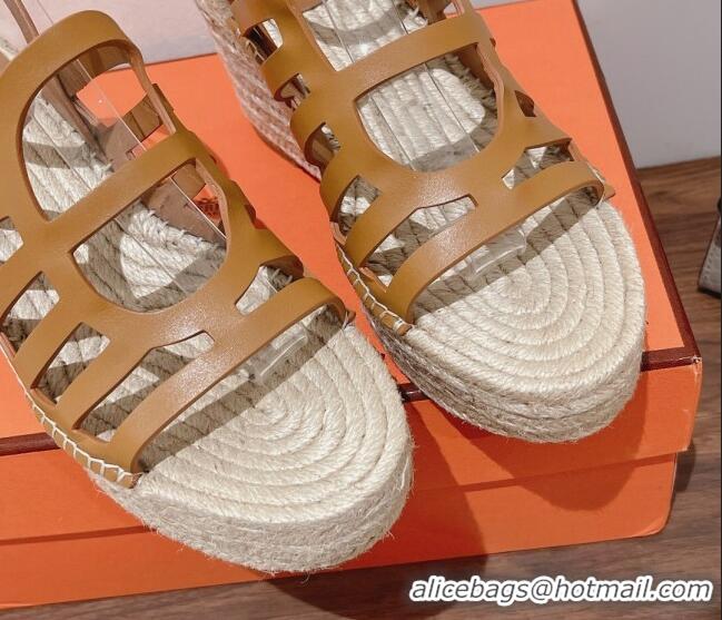 Best Price Hermes Camelia Leather Wedge Sandals 8.5cm Brown 022374