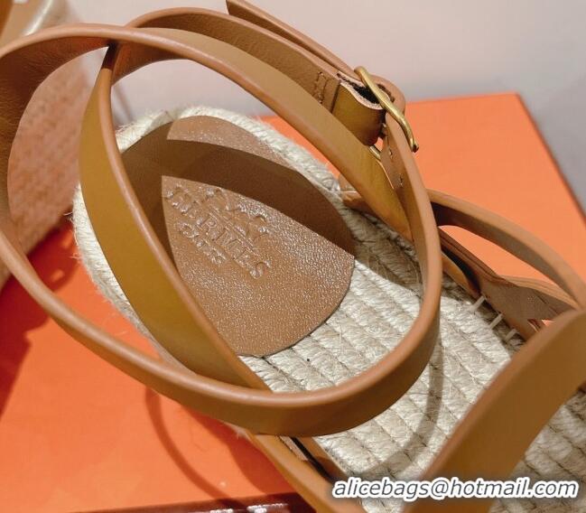 Best Price Hermes Camelia Leather Wedge Sandals 8.5cm Brown 022374