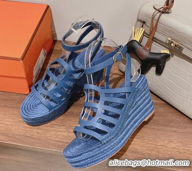 Good Looking Hermes Camelia Leather Wedge Sandals 8.5cm Blue 022375