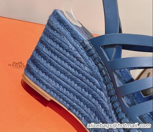 Good Looking Hermes Camelia Leather Wedge Sandals 8.5cm Blue 022375