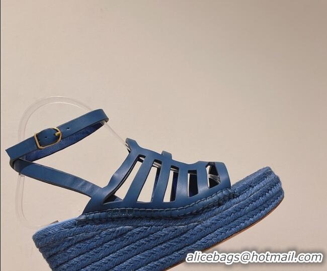 Good Looking Hermes Camelia Leather Wedge Sandals 8.5cm Blue 022375