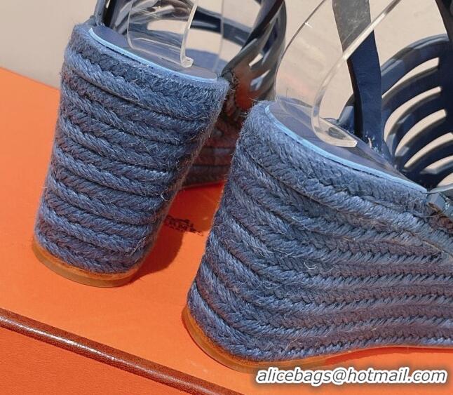 Good Looking Hermes Camelia Leather Wedge Sandals 8.5cm Blue 022375