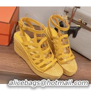 Duplicate Hermes Camelia Leather Wedge Sandals 8.5cm Yellow 3022376