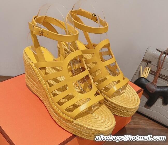 Duplicate Hermes Camelia Leather Wedge Sandals 8.5cm Yellow 3022376