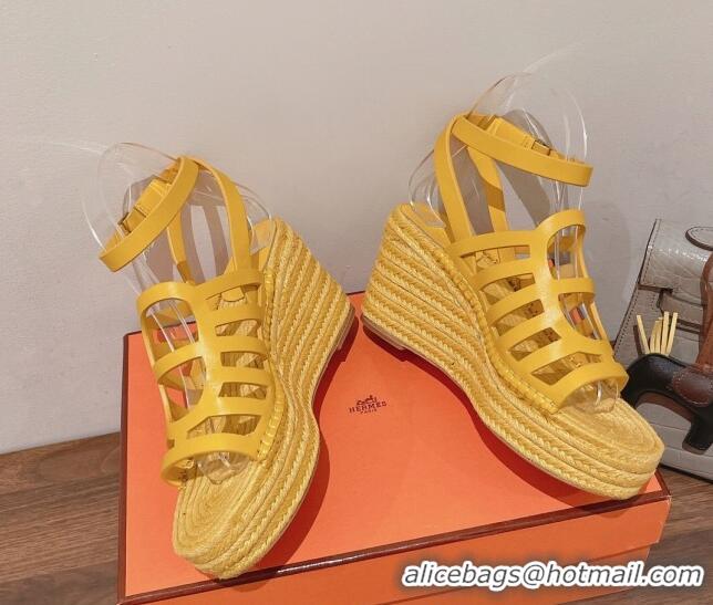 Duplicate Hermes Camelia Leather Wedge Sandals 8.5cm Yellow 3022376