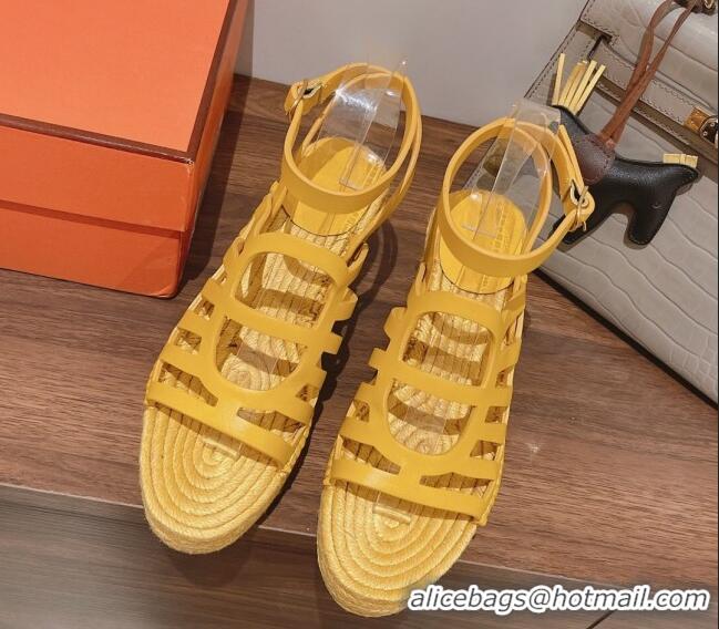 Duplicate Hermes Camelia Leather Wedge Sandals 8.5cm Yellow 3022376