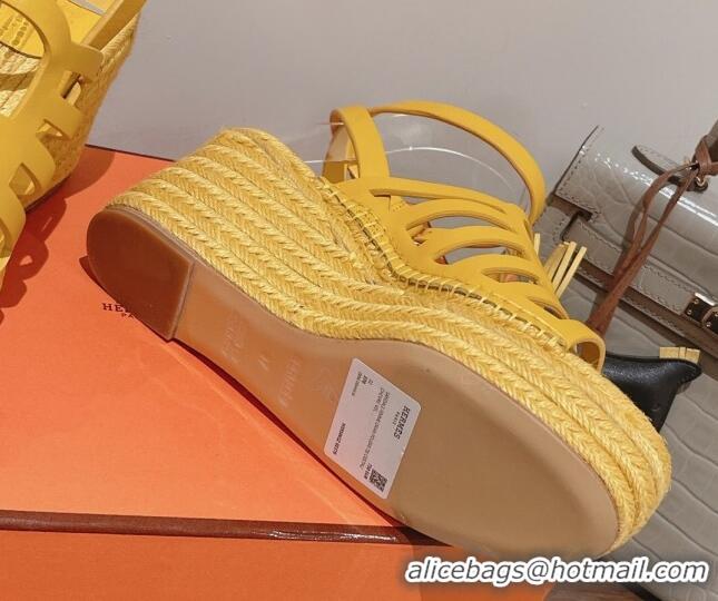 Duplicate Hermes Camelia Leather Wedge Sandals 8.5cm Yellow 3022376