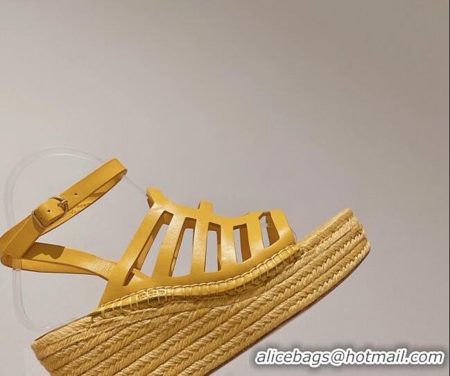 Duplicate Hermes Camelia Leather Wedge Sandals 8.5cm Yellow 3022376