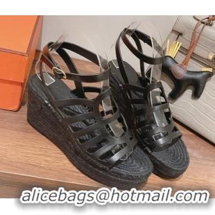 Unique Style Hermes Camelia Leather Wedge Sandals 8.5cm Black 022377